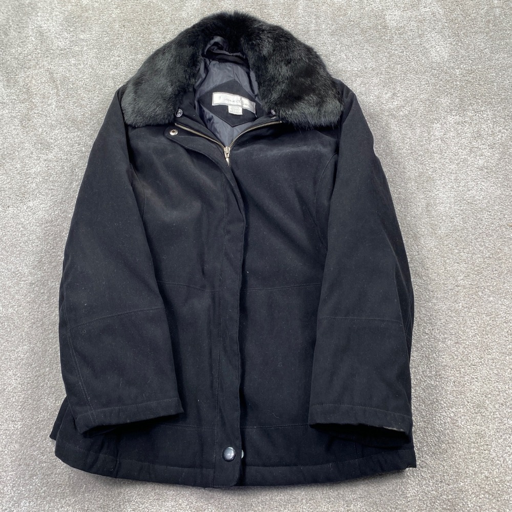 1 Madison Jacket Womens Medium Black Faux Suede Rabbit Fur Collar Mid Coat
